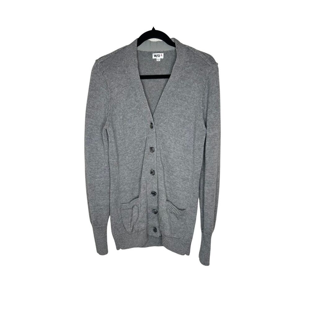 Without Ourselves Sweater Womens L Gray 100% Wool Cable Knit Mock Neck Cardigan
